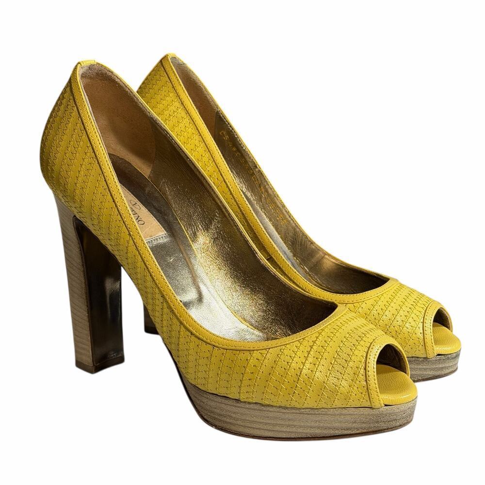 Valentino Garavani Antique Yellow Leather Platform Heels Size 38